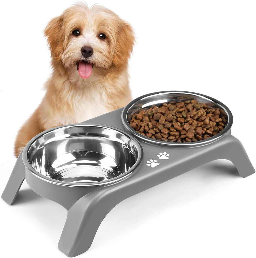 Poupipets Adjustable Elevated Dog Bowl Stand with Dual Stainless Steel Bowls for Small to Large Dogs