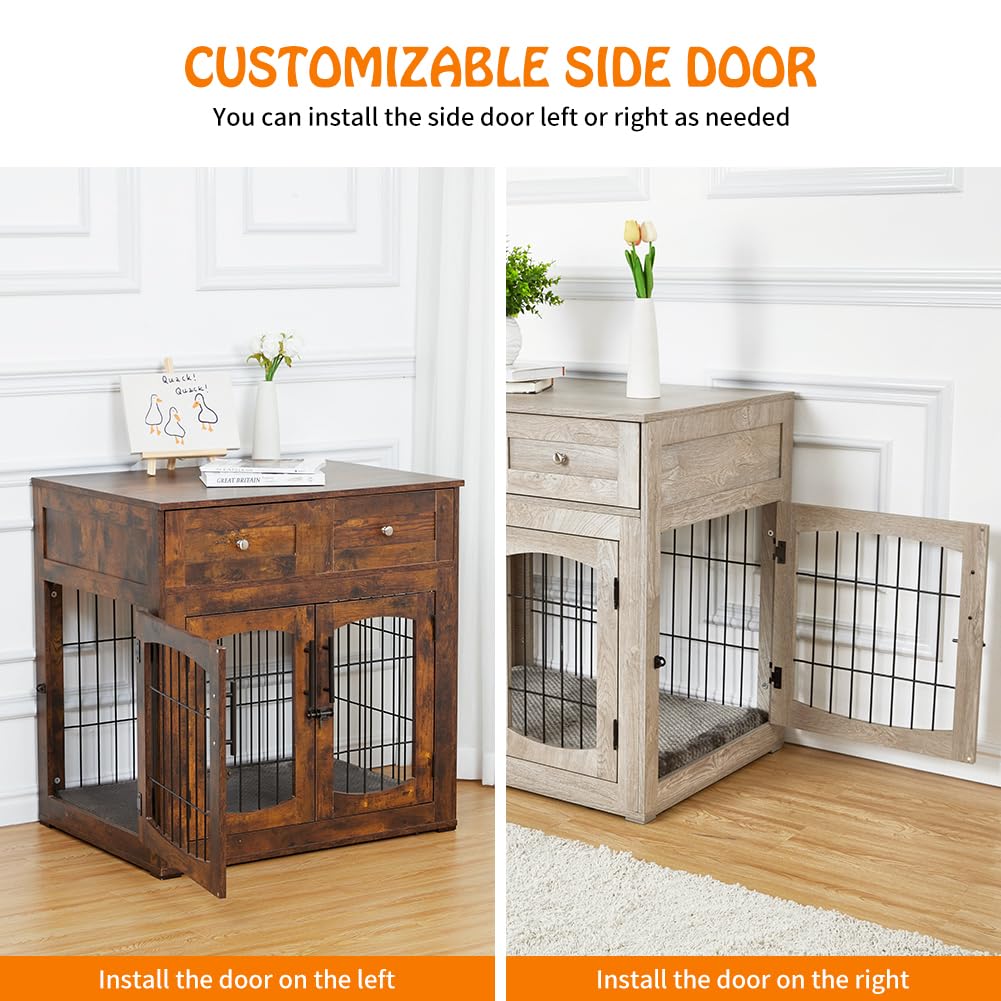 Dailypets Dog Crate End Table with Cushion, 3 Doors and 2 Drawers