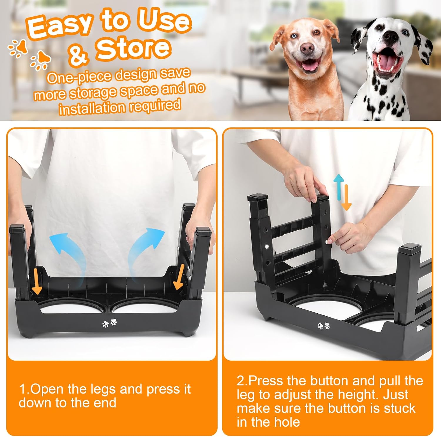 Poupipets Adjustable Elevated Dog Bowl Stand with Dual Stainless Steel Bowls for Small to Large Dogs