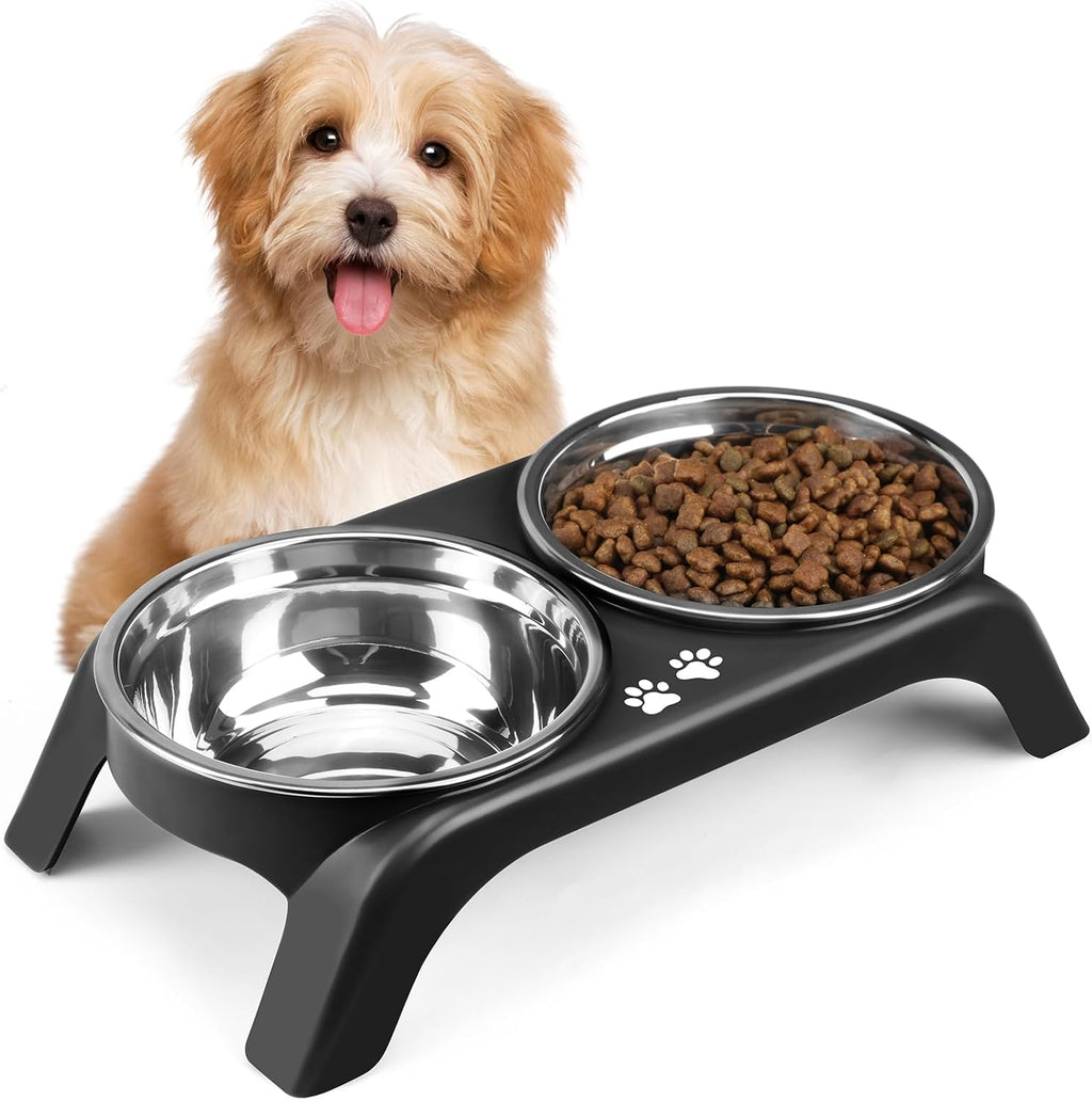 Poupipets Adjustable Elevated Dog Bowl Stand with Dual Stainless Steel Bowls for Small to Large Dogs