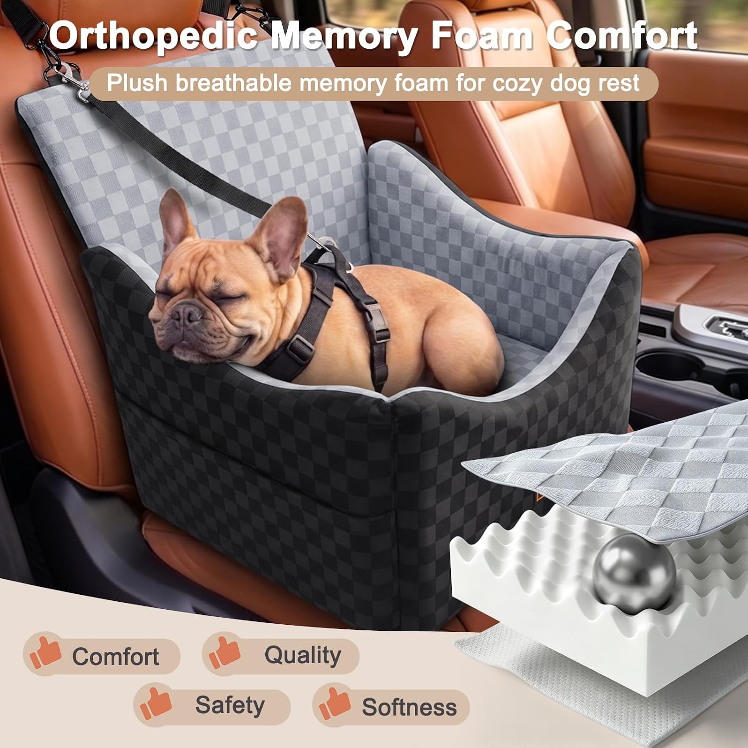 Poupipets Elevated Memory Foam Dog Car Seat with Washable Cover and Safety Tether for Travel