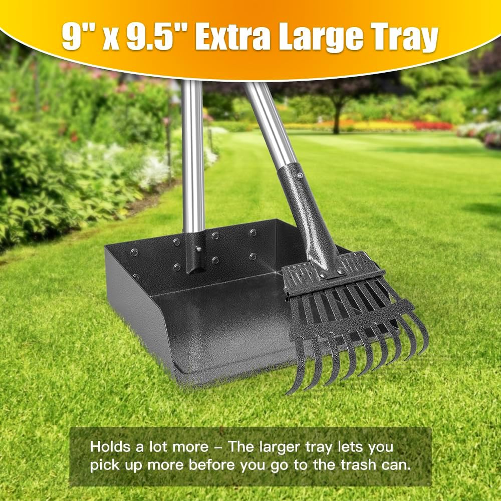 Poupipets Heavy-Duty Metal Dog Pooper Scooper Set with Extra-Large Tray, Long Handles & Yard Cleaning Tools