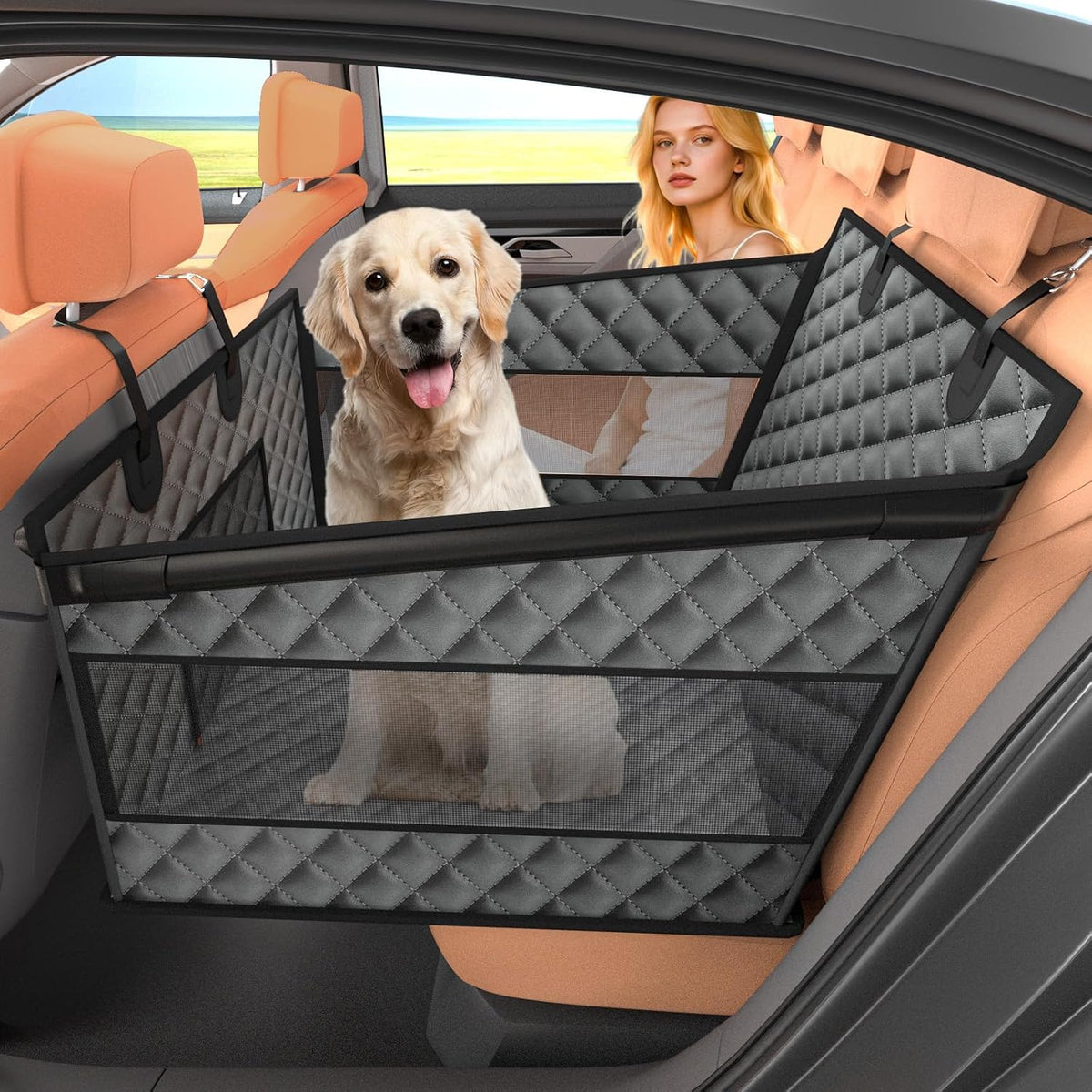 Poupipets Half Back Seat Dog Extender with Hard Base and Breathable Mesh Panels