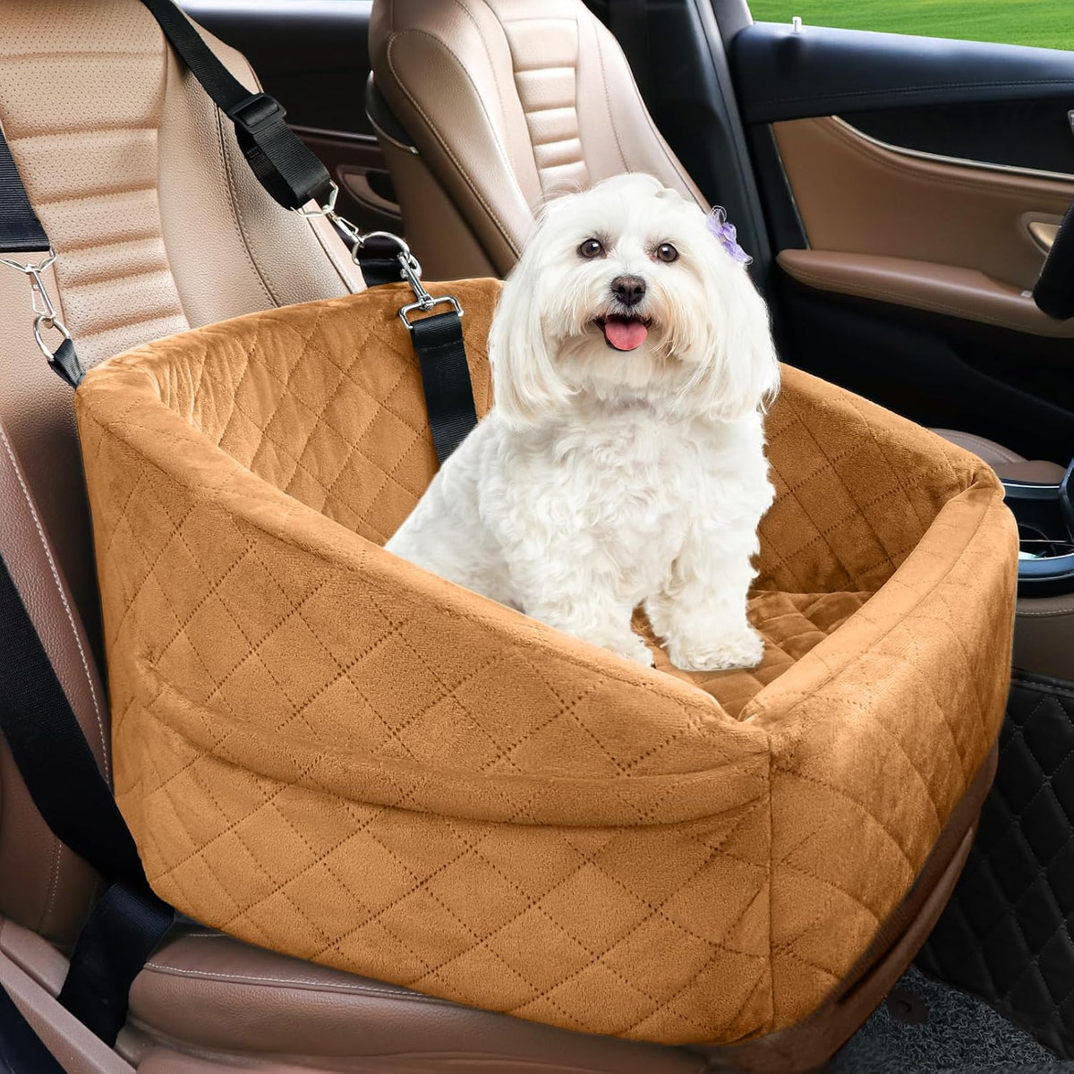 Poupipets Quilted Dog Booster Car Seat with Washable Cover and Safety Tether
