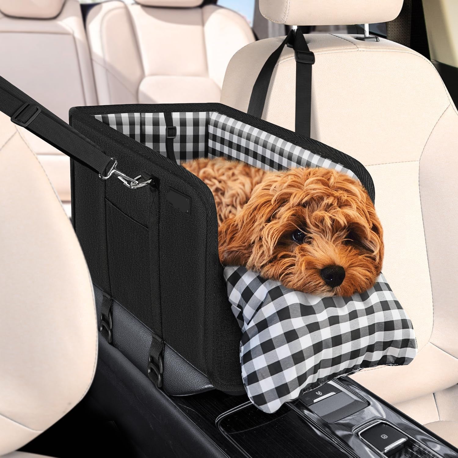 Poupipets Console Dog Car Seat for Small Dogs with Built-In Safety Leash and Washable Cushion