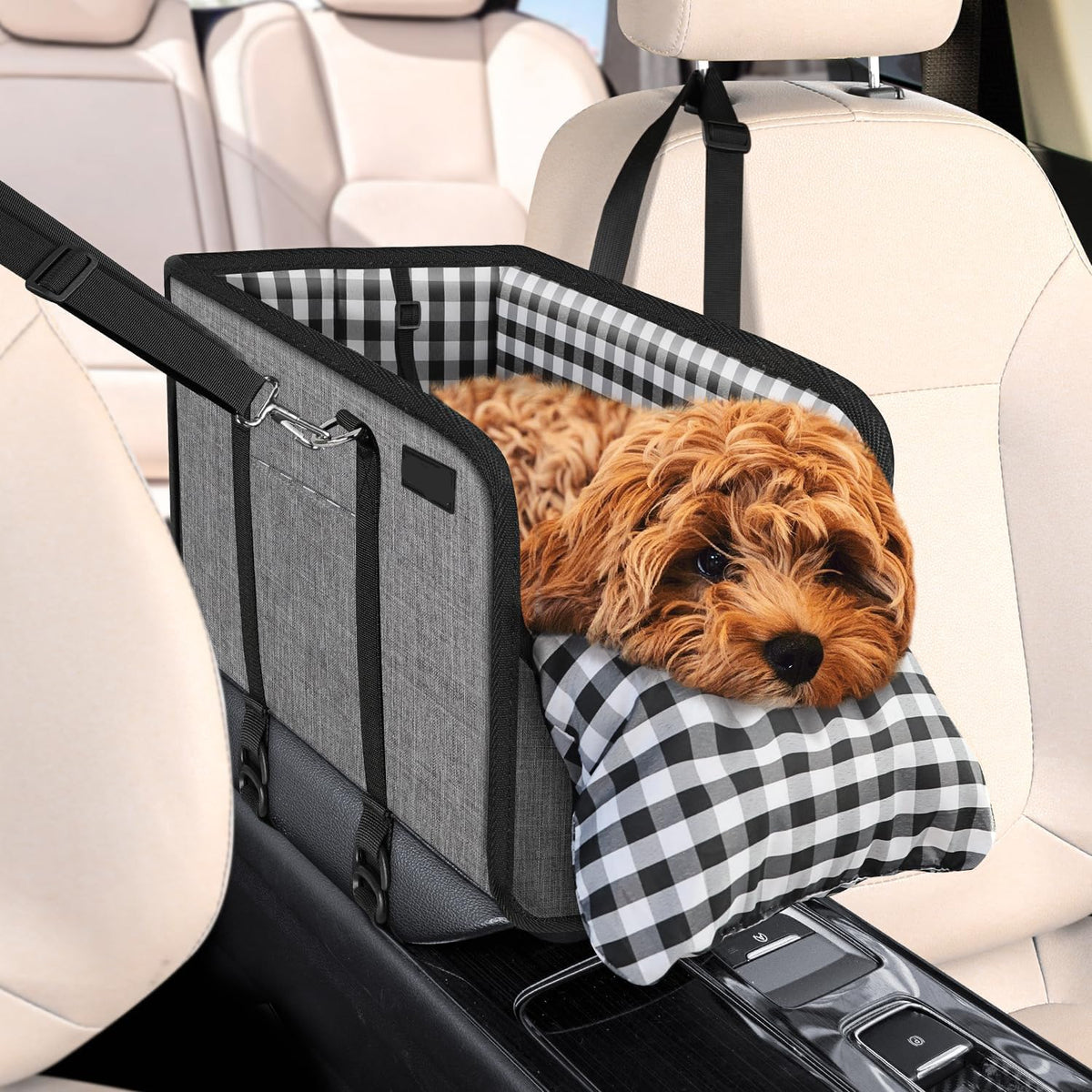 Poupipets Console Dog Car Seat for Small Dogs with Built-In Safety Leash and Washable Cushion