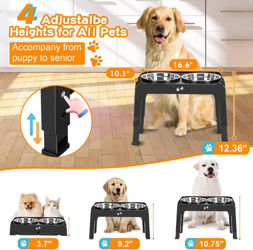 Poupipets Adjustable Elevated Dog Bowl Stand with Dual Stainless Steel Bowls for Small to Large Dogs