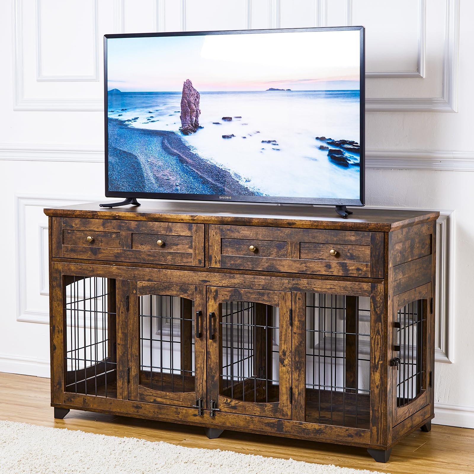 Dailypets 58-Inch Double Dog Crate Furniture with 5 Doors and Storage Drawers