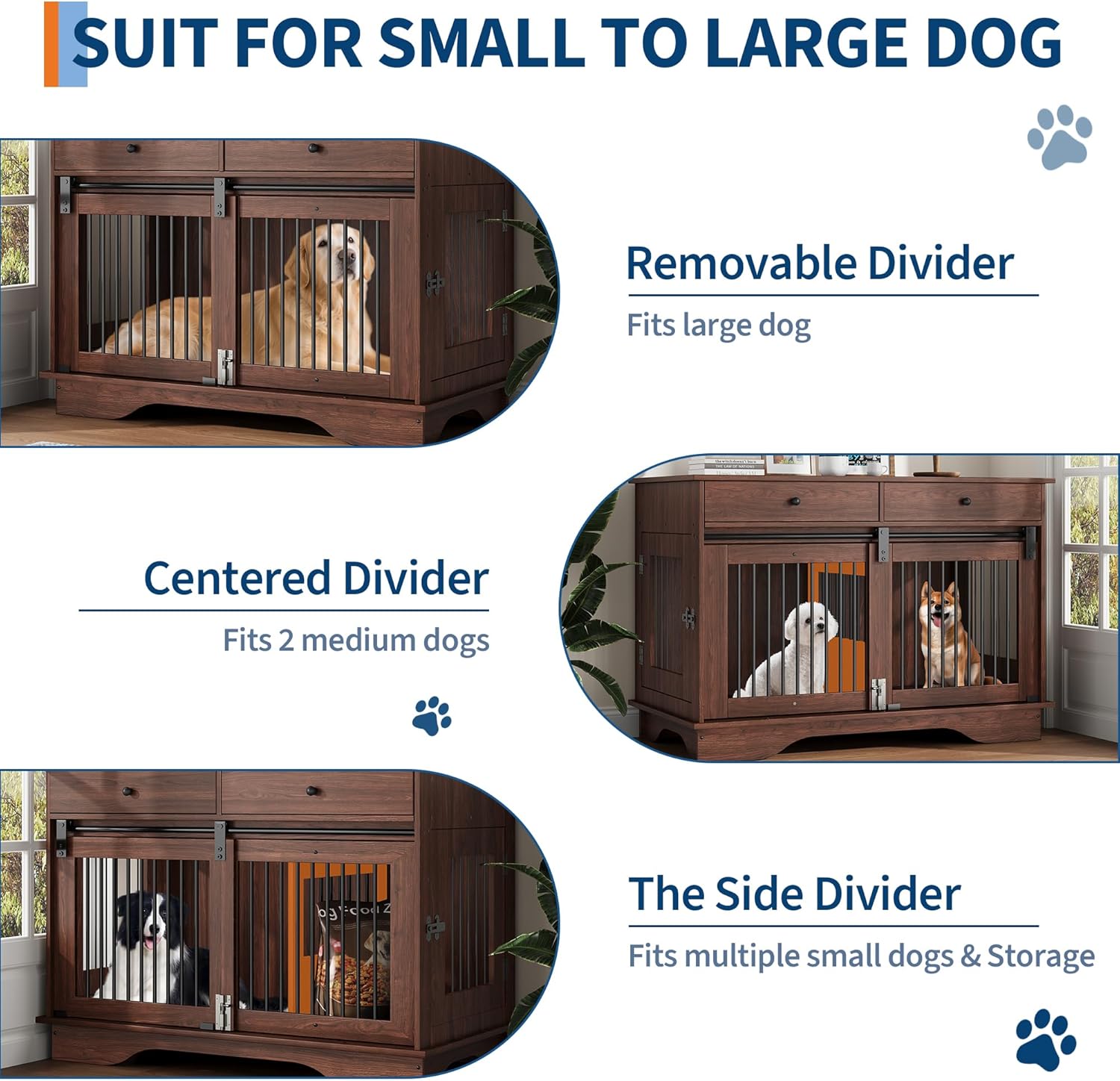 Dailypets 47-Inch Dog Crate Furniture with Storage Drawers and Triple Doors