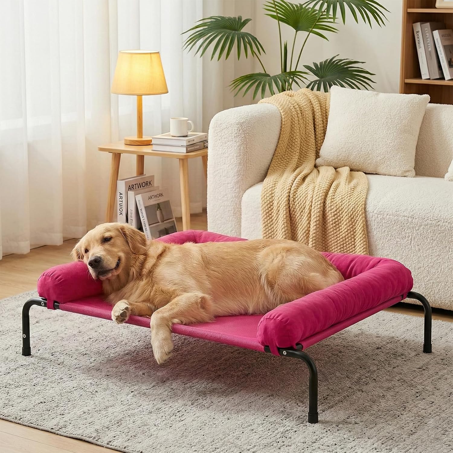 Poupipets Elevated Dog Bed with Breathable Mesh and Removable Padded Bolsters