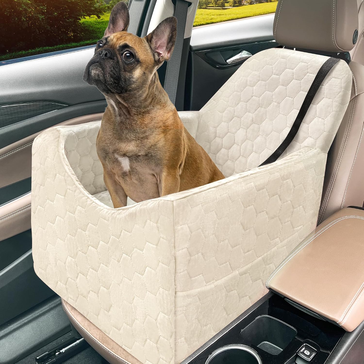 Poupipets Crystal Velvet Dog Car Seat with Elevated Base and Harness Restraint