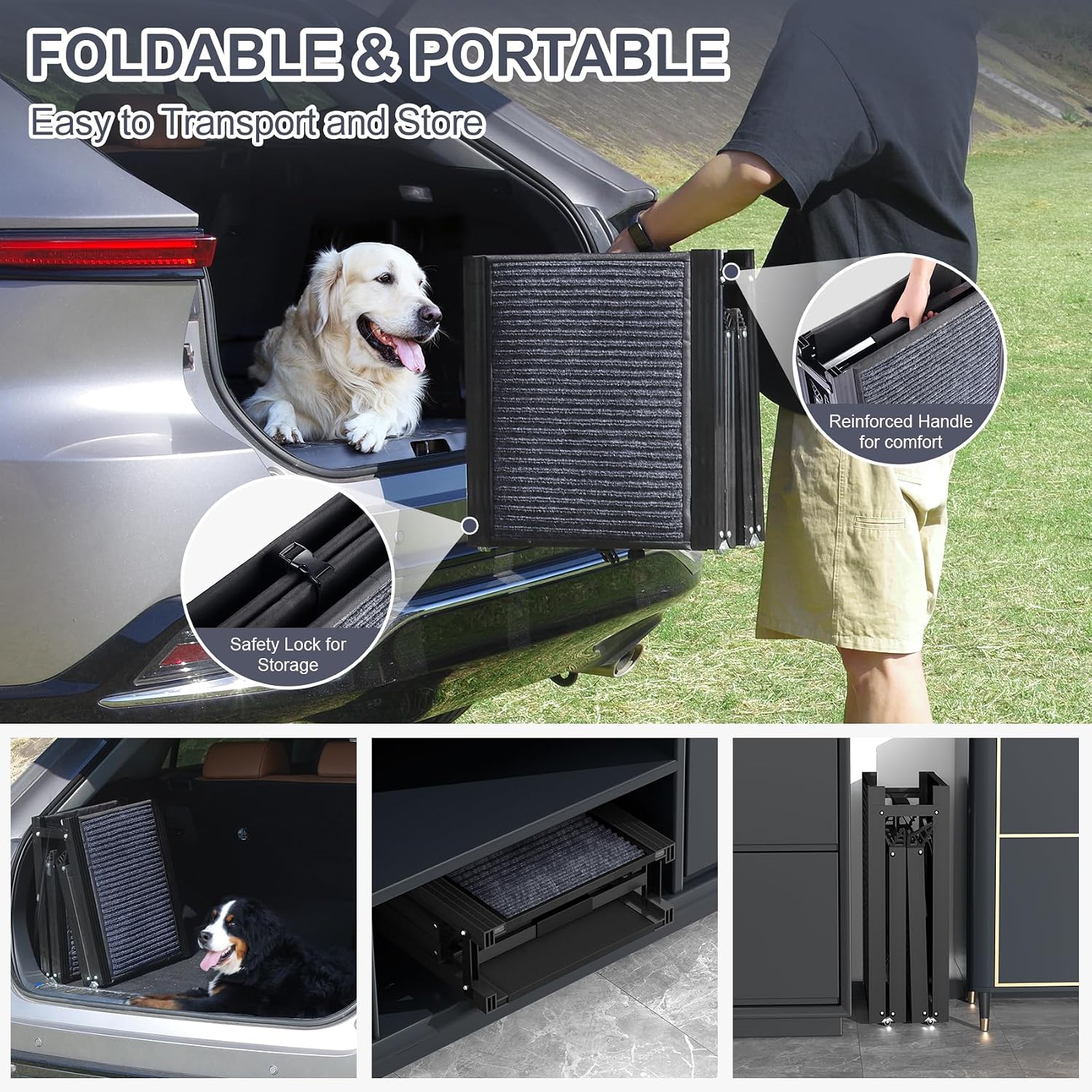 Poupipets Folding Aluminum Dog Ramp for Cars, SUVs & Trucks with Non-Slip Carpet Surface