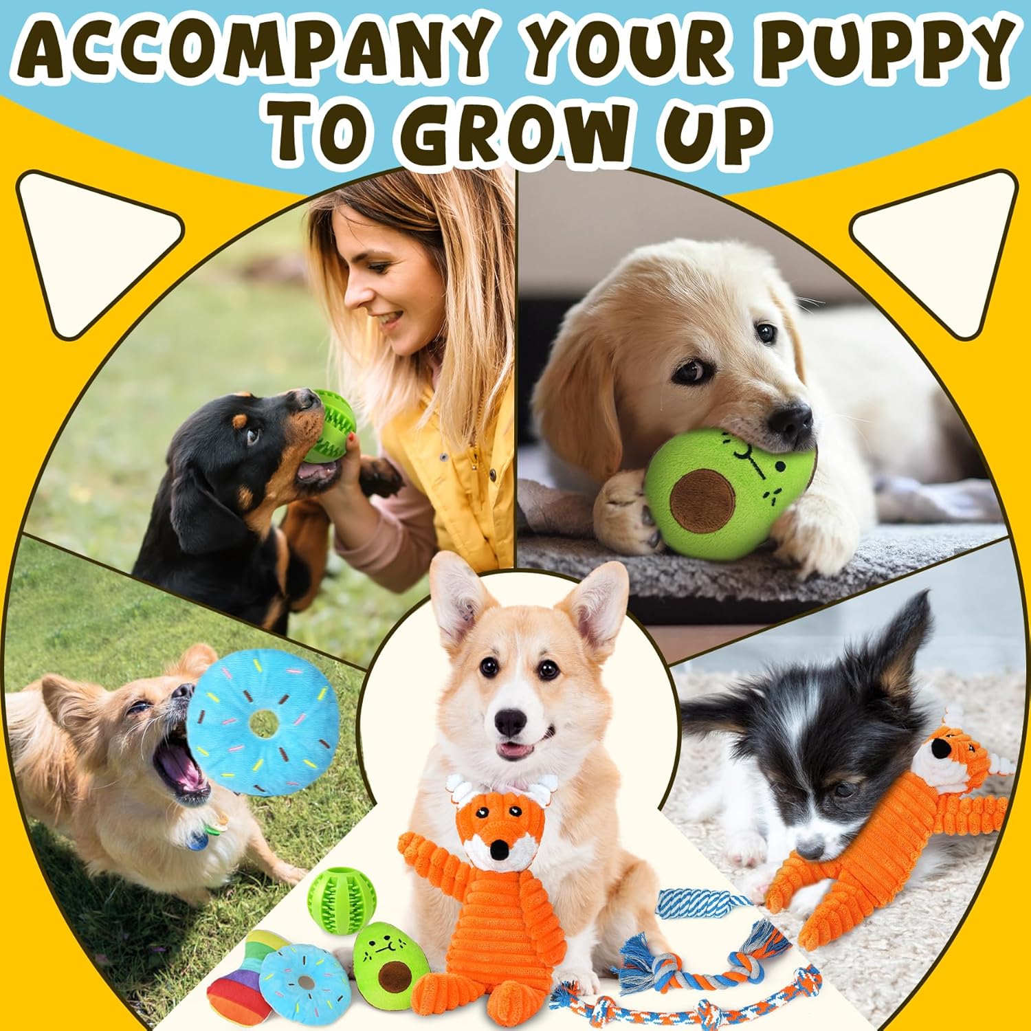 Dailypets Puppy Toy Bundle with Squeaky Plush Rope Toys and Treat Ball 9 Pieces
