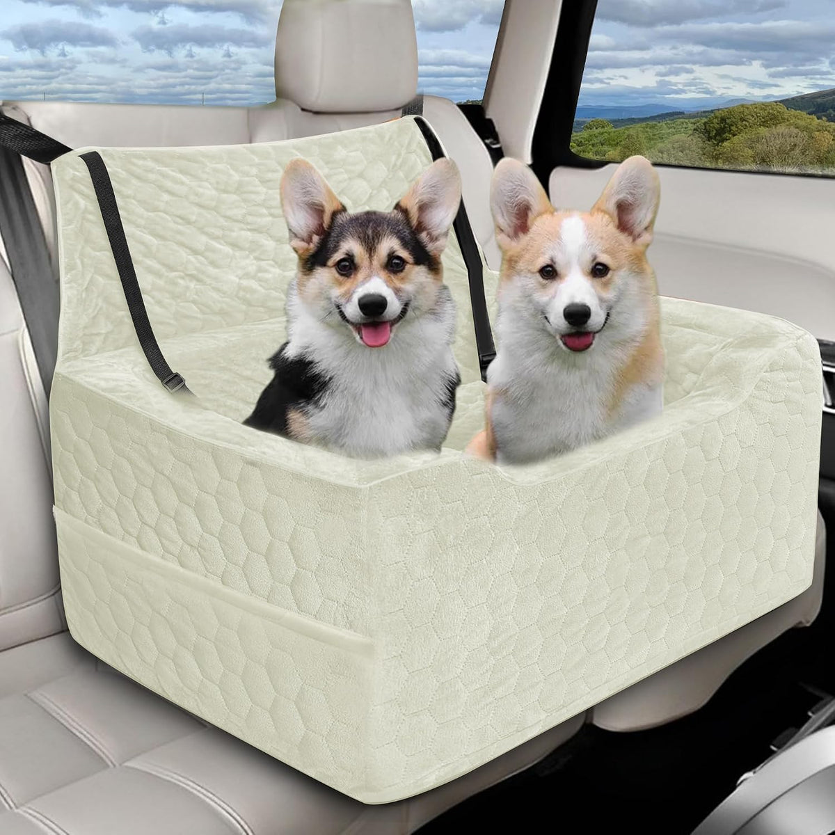 Poupipets Crystal Velvet Dog Car Seat with Elevated Base and Harness Restraint