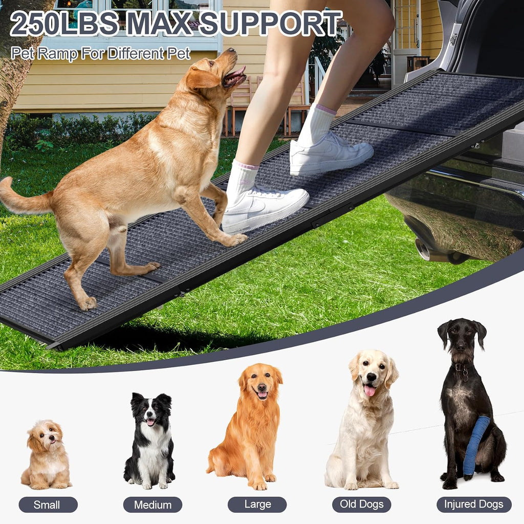Poupipets Folding Aluminum Dog Ramp for Cars, SUVs & Trucks with Non-Slip Carpet Surface