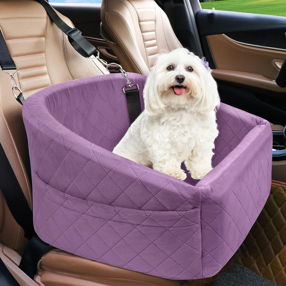 Poupipets Quilted Dog Booster Car Seat with Washable Cover and Safety Tether