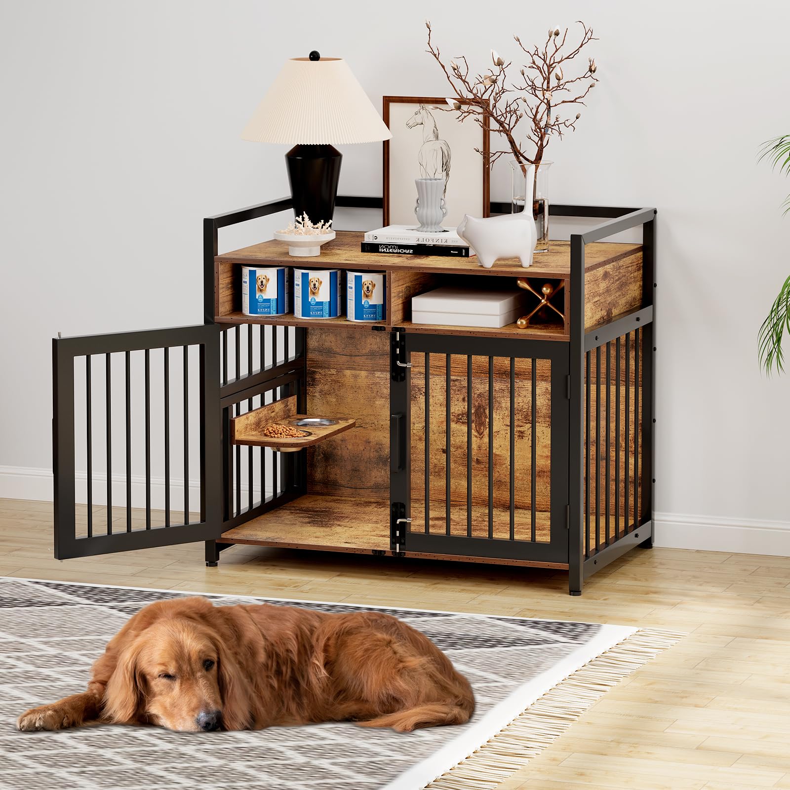 Dailypets Wooden Dog Crate Furniture with Adjustable Stainless Steel Feeder