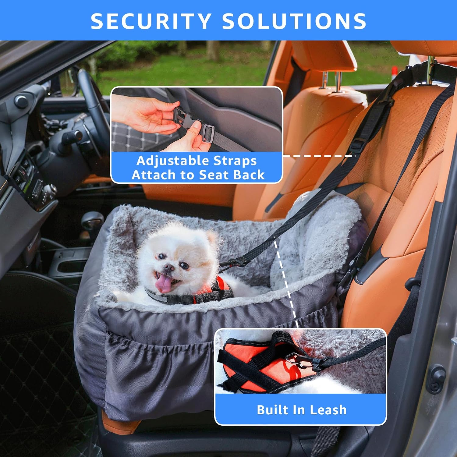 Poupipets Plush Dog Booster Car Seat with Memory Foam and Washable Travel Bed