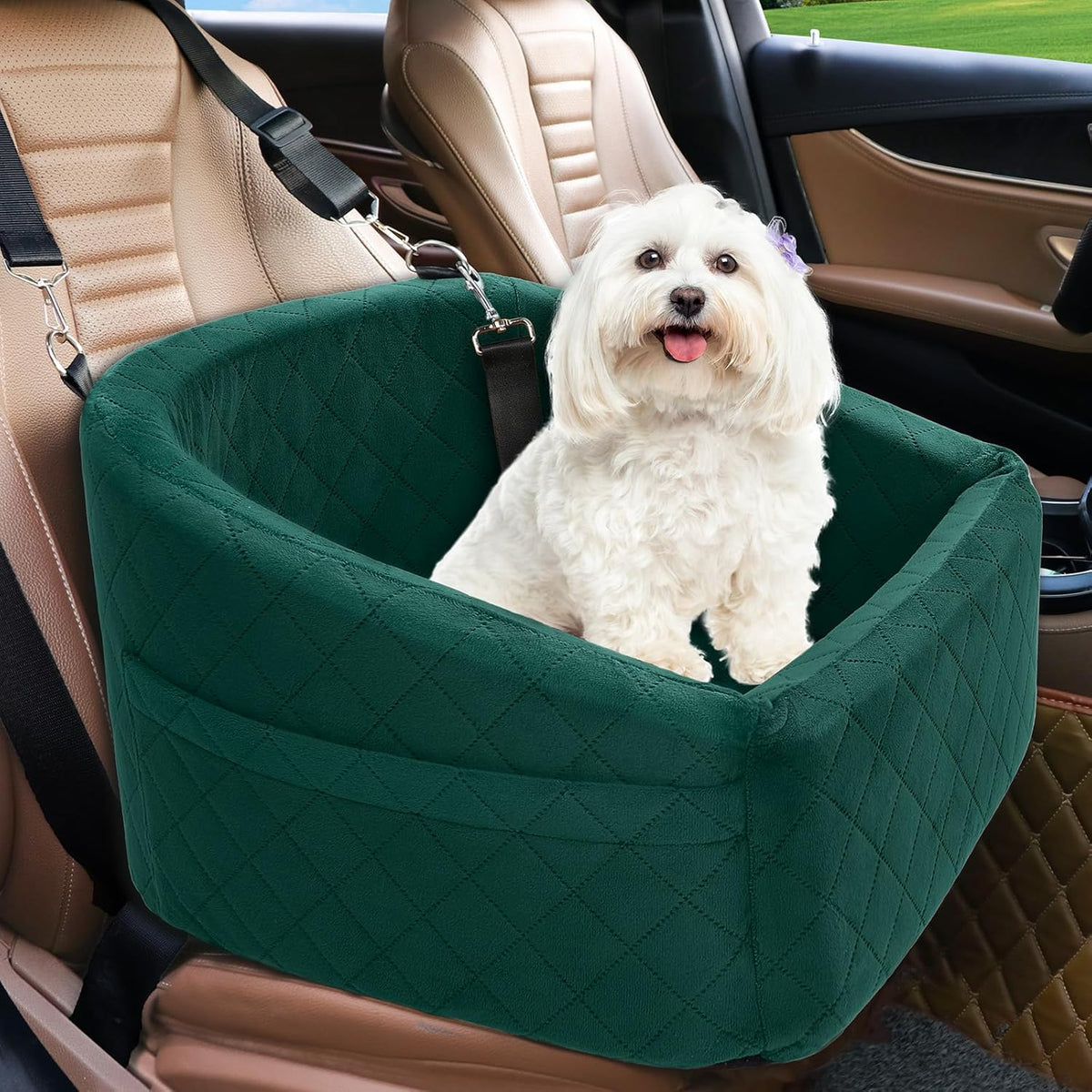 Poupipets Quilted Dog Booster Car Seat with Washable Cover and Safety Tether