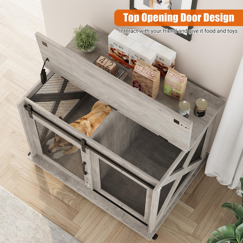 Dailypets Furniture Style Dog Crate End Table with Sliding Barn Door & Flip-Top Access