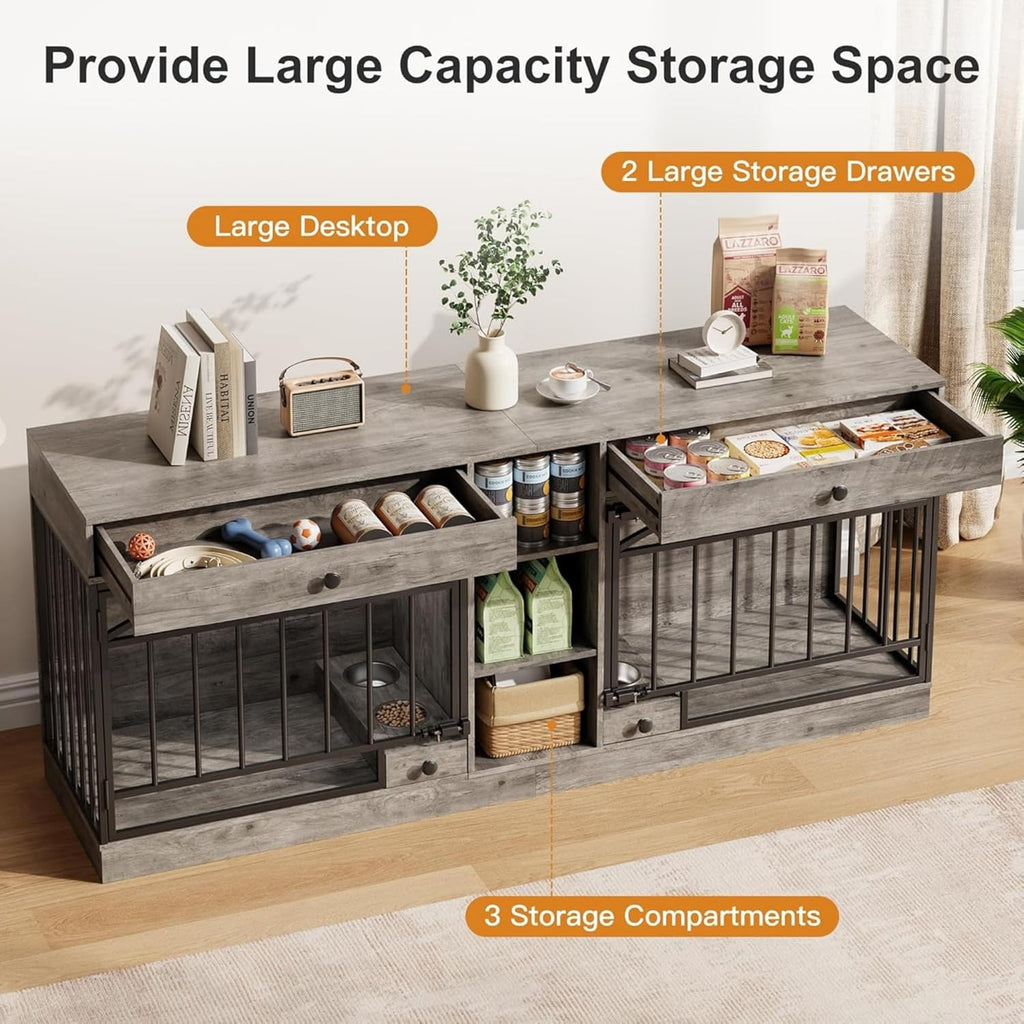 Dailypets Double Dog Station with Storage Shelves & Feeding Bowls
