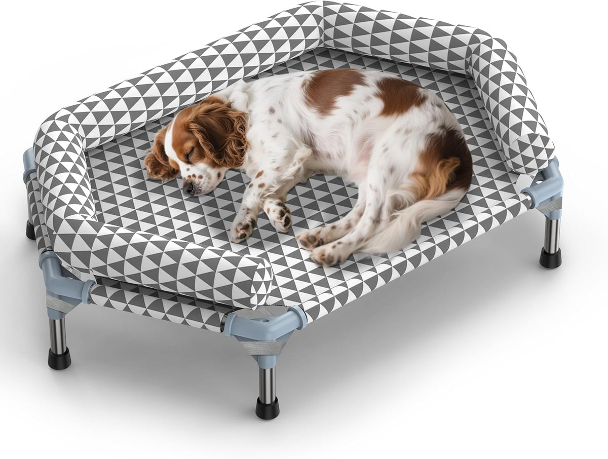 Poupipets Reversible Cotton Elevated Dog Bed with Stainless Steel Support Frame