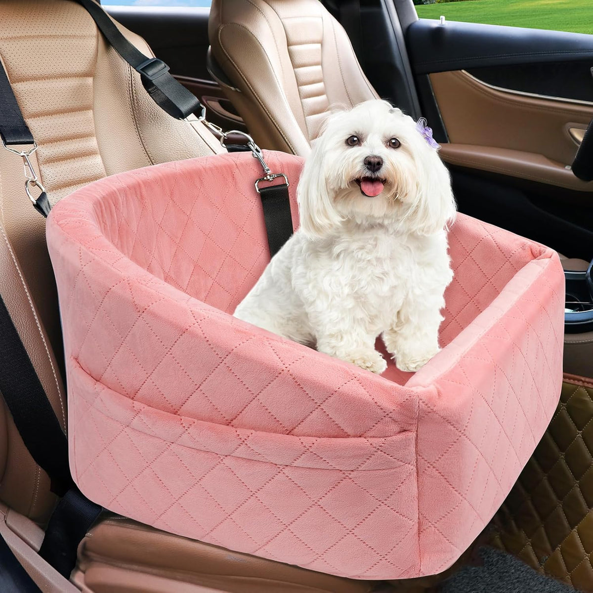 Poupipets Quilted Dog Booster Car Seat with Washable Cover and Safety Tether