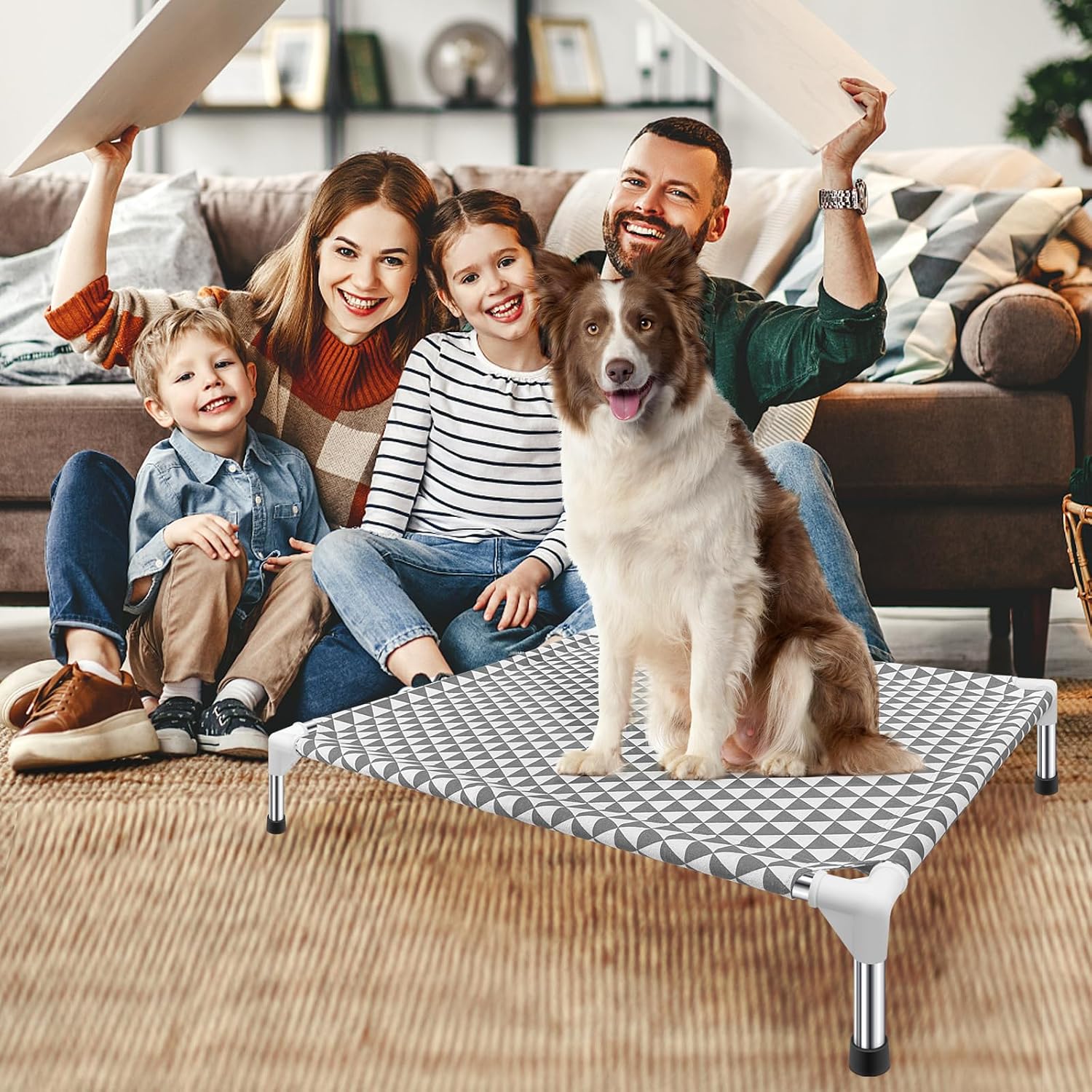 Poupipets Reversible Cotton Elevated Dog Bed with Stainless Steel Support Frame