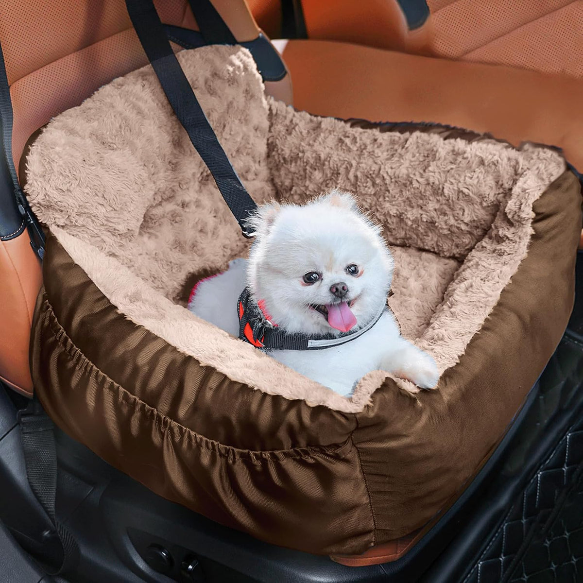 Poupipets Plush Dog Booster Car Seat with Memory Foam and Washable Travel Bed