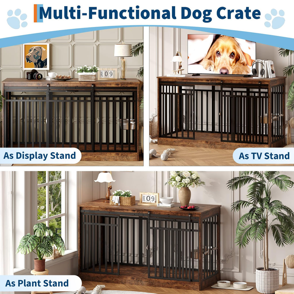 Dailypets 55-Inch Dog Crate Furniture with Sliding Doors and Feeding Bowls