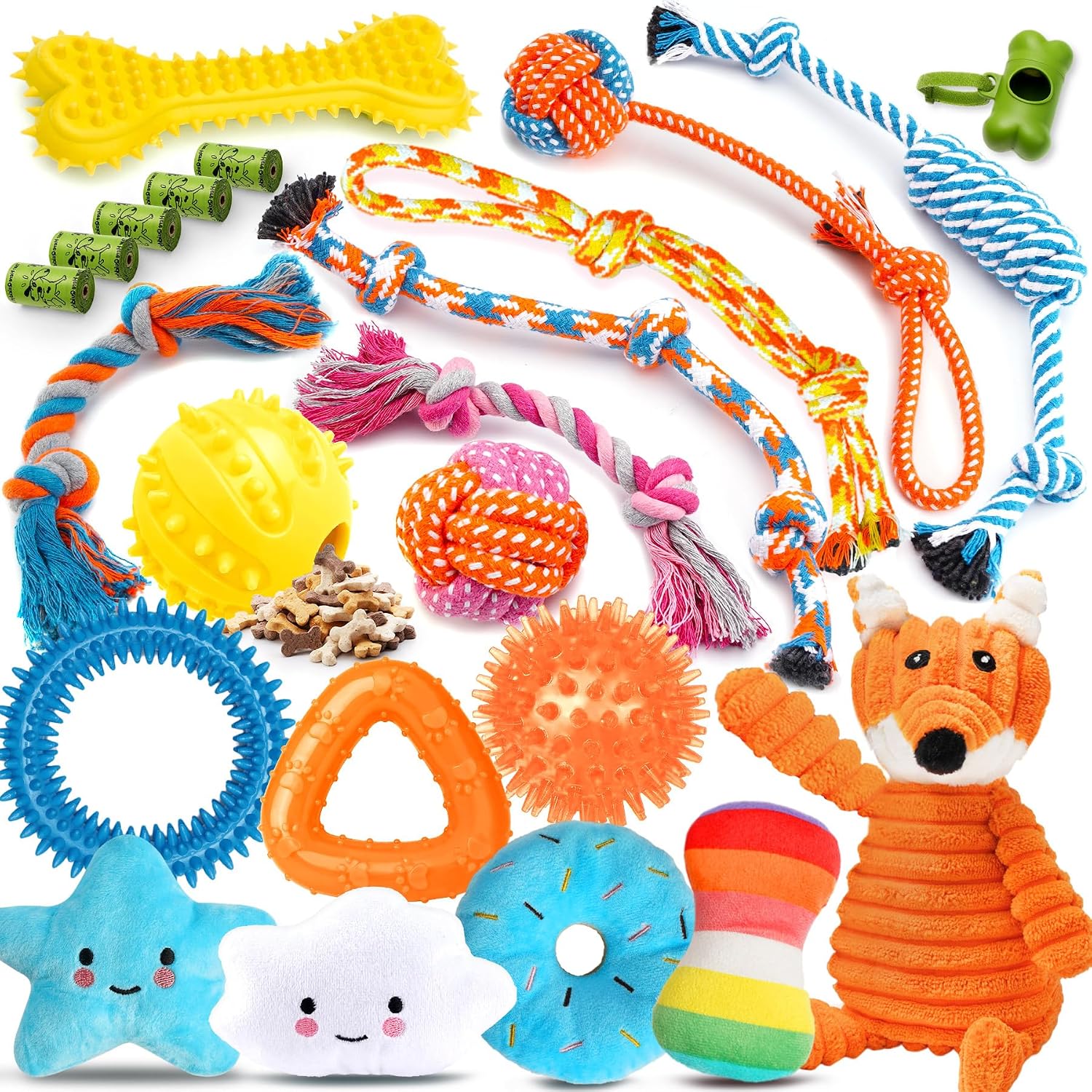 Dailypets 25 Piece Puppy Toy Set with Rope Toys Plush Toys Treat Ball and Rubber Chews