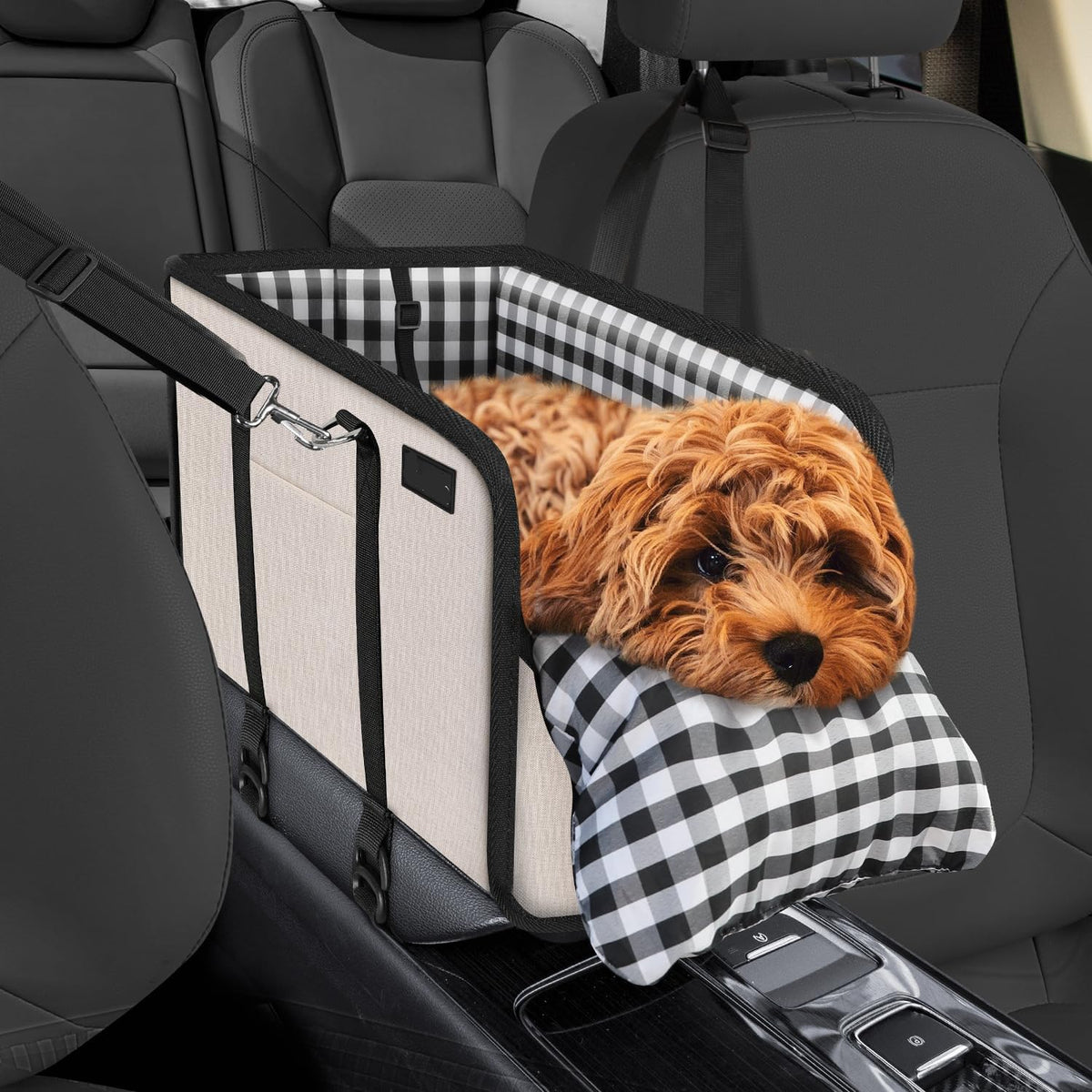 Poupipets Console Dog Car Seat for Small Dogs with Built-In Safety Leash and Washable Cushion