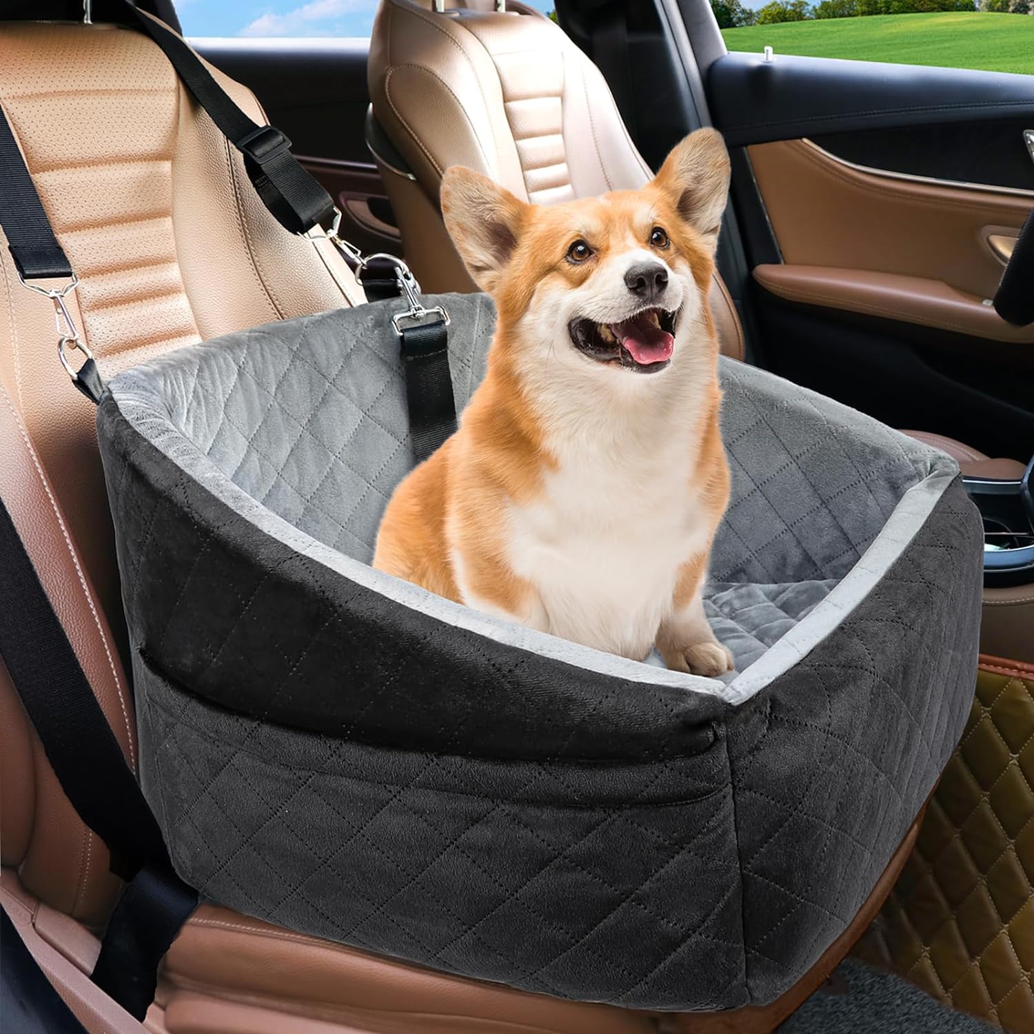 Poupipets Quilted Dog Booster Car Seat with Washable Cover and Safety Tether