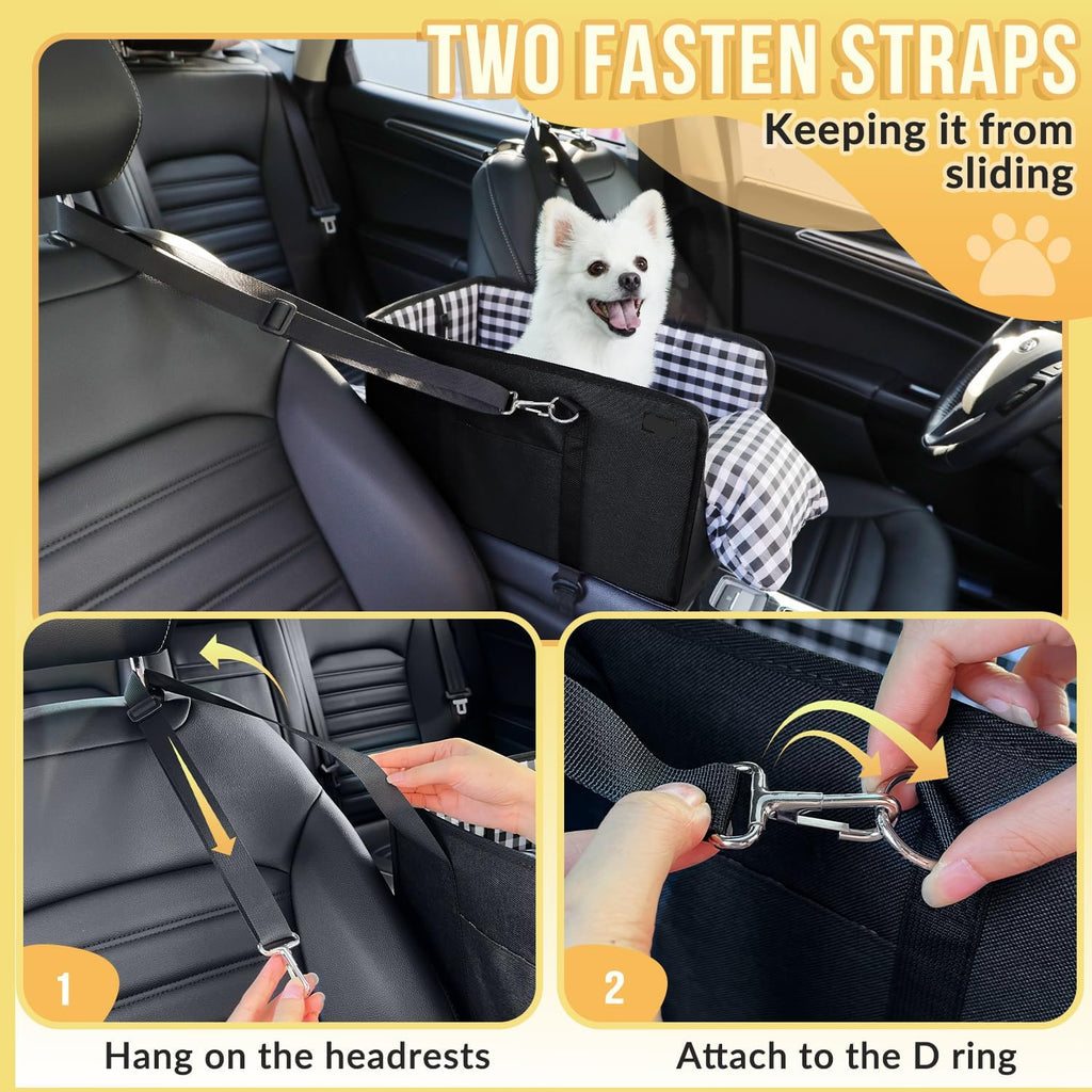 Poupipets Console Dog Car Seat for Small Dogs with Built-In Safety Leash and Washable Cushion