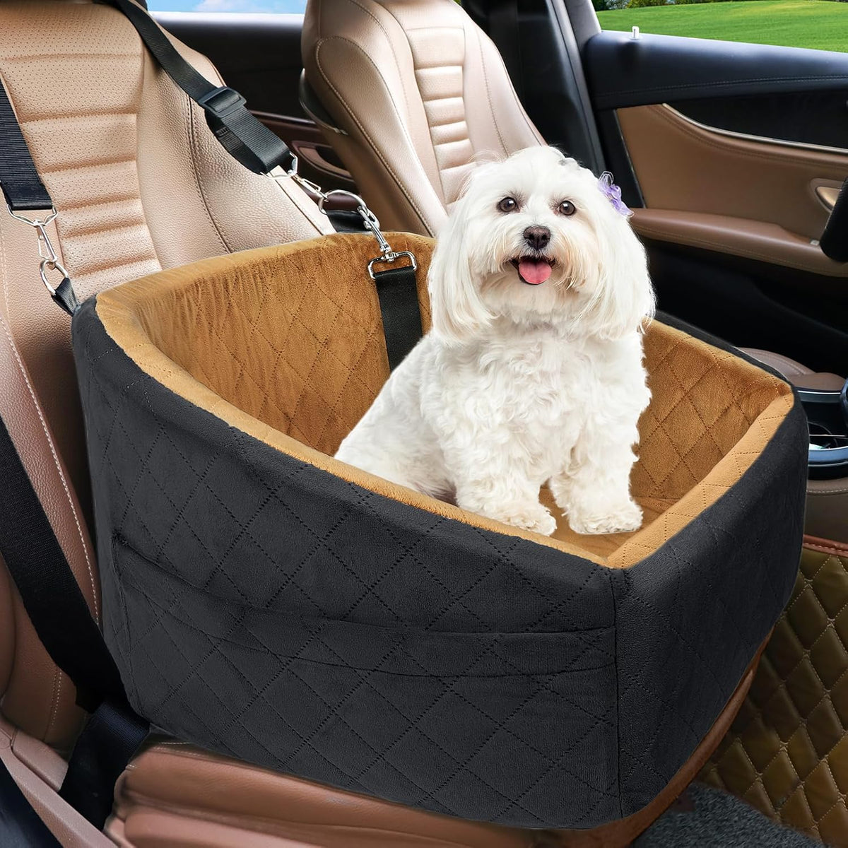 Poupipets Quilted Dog Booster Car Seat with Washable Cover and Safety Tether
