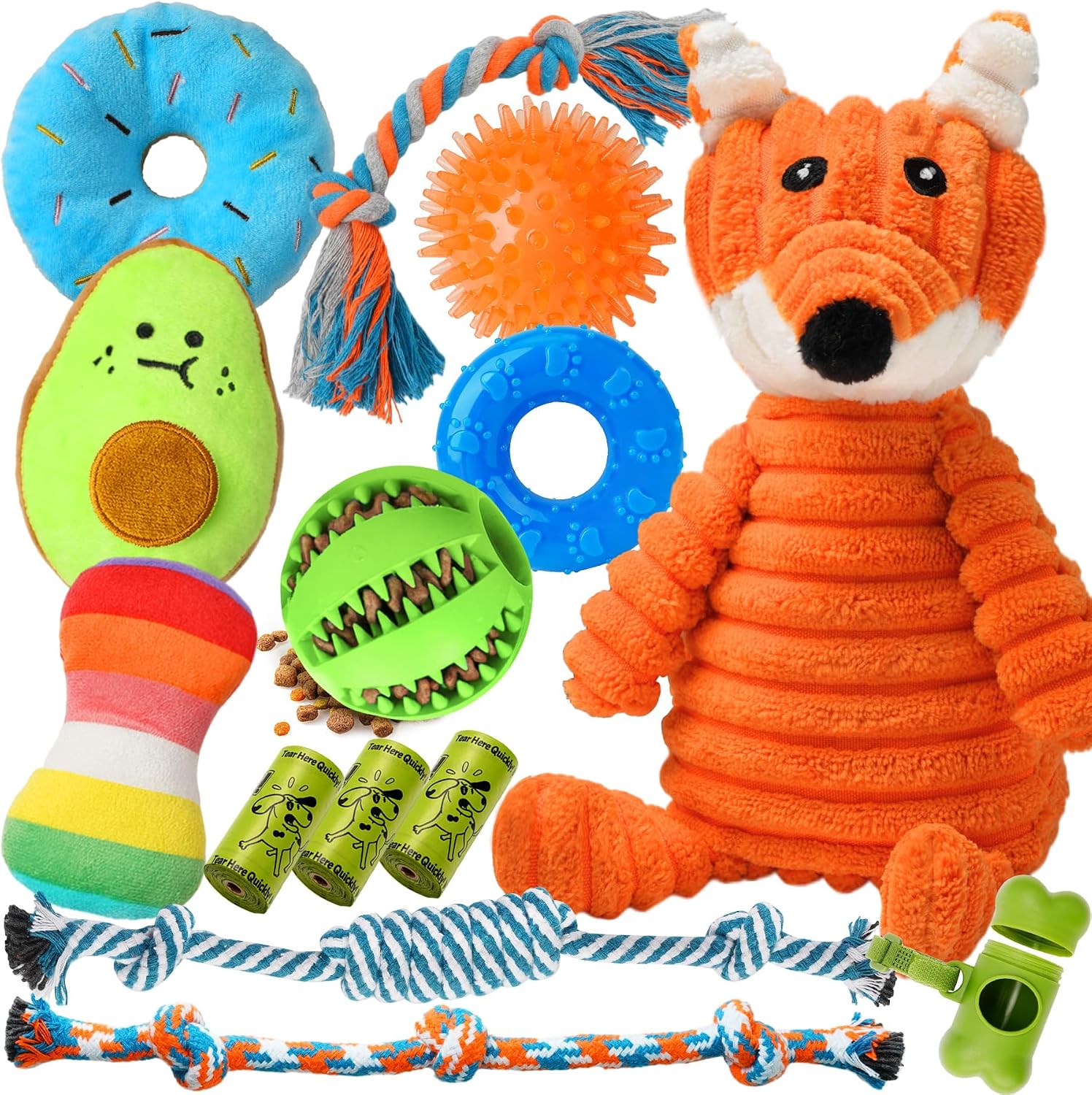 Dailypets Puppy Toy Bundle with Squeaky Plush Rope Toys and Treat Ball 9 Pieces