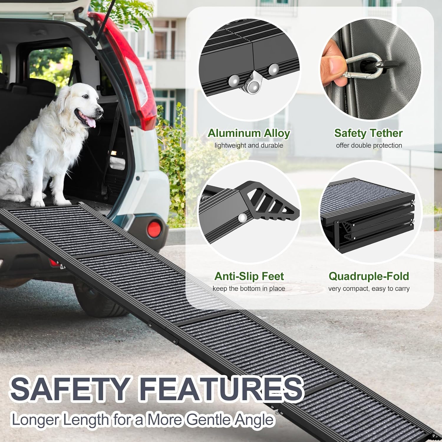 Poupipets Folding Aluminum Dog Ramp for Cars, SUVs & Trucks with Non-Slip Carpet Surface