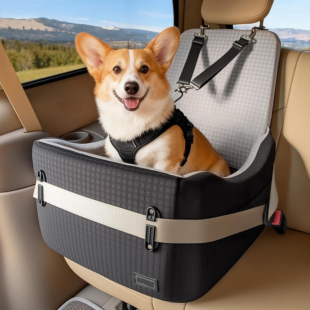 Poupipets Premium Dog Booster Car Seat with Memory Foam Cushion and Safety Tether
