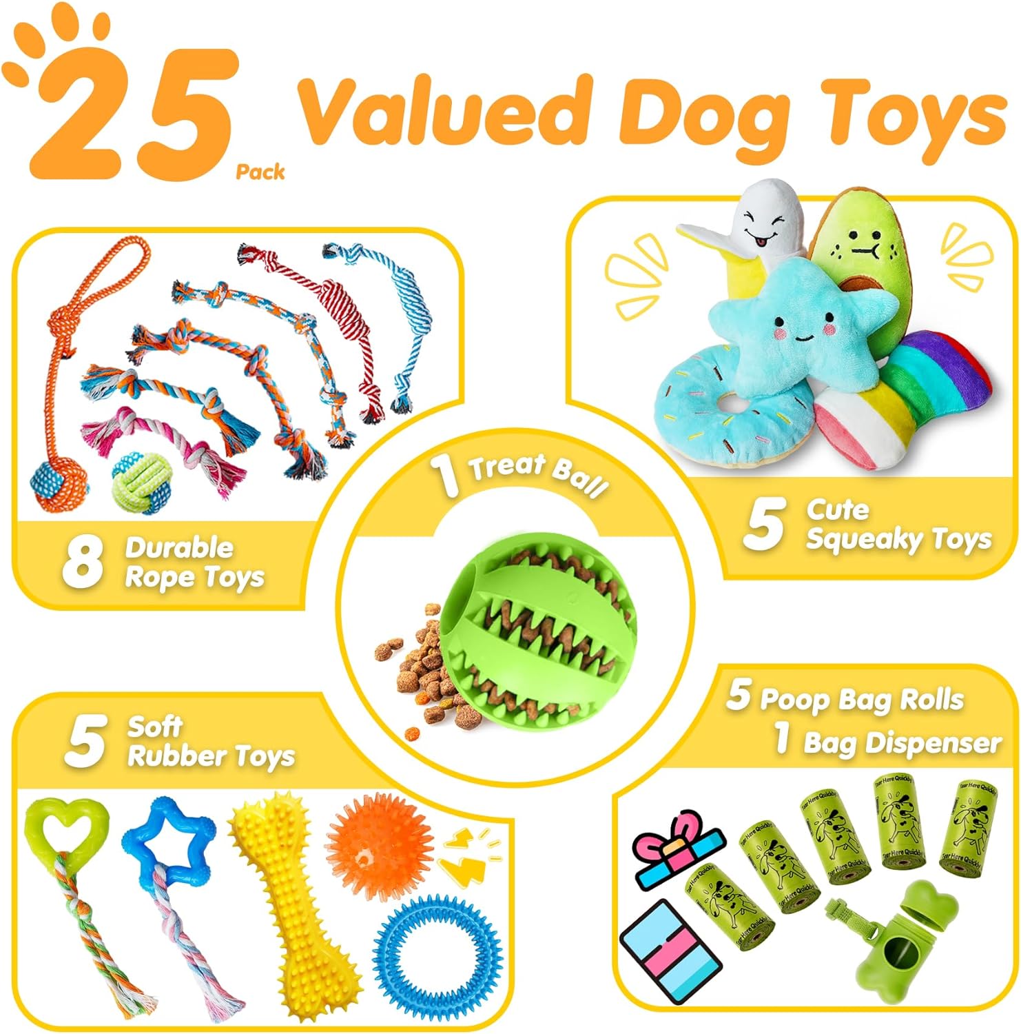 Dailypets 25 Piece Puppy Toy Set with Rope Toys Plush Toys Treat Ball and Rubber Chews
