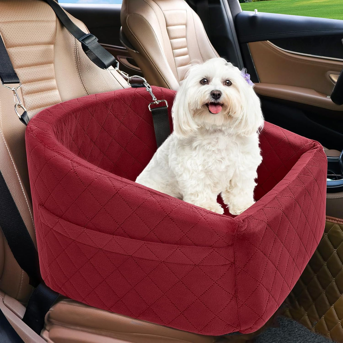 Poupipets Quilted Dog Booster Car Seat with Washable Cover and Safety Tether