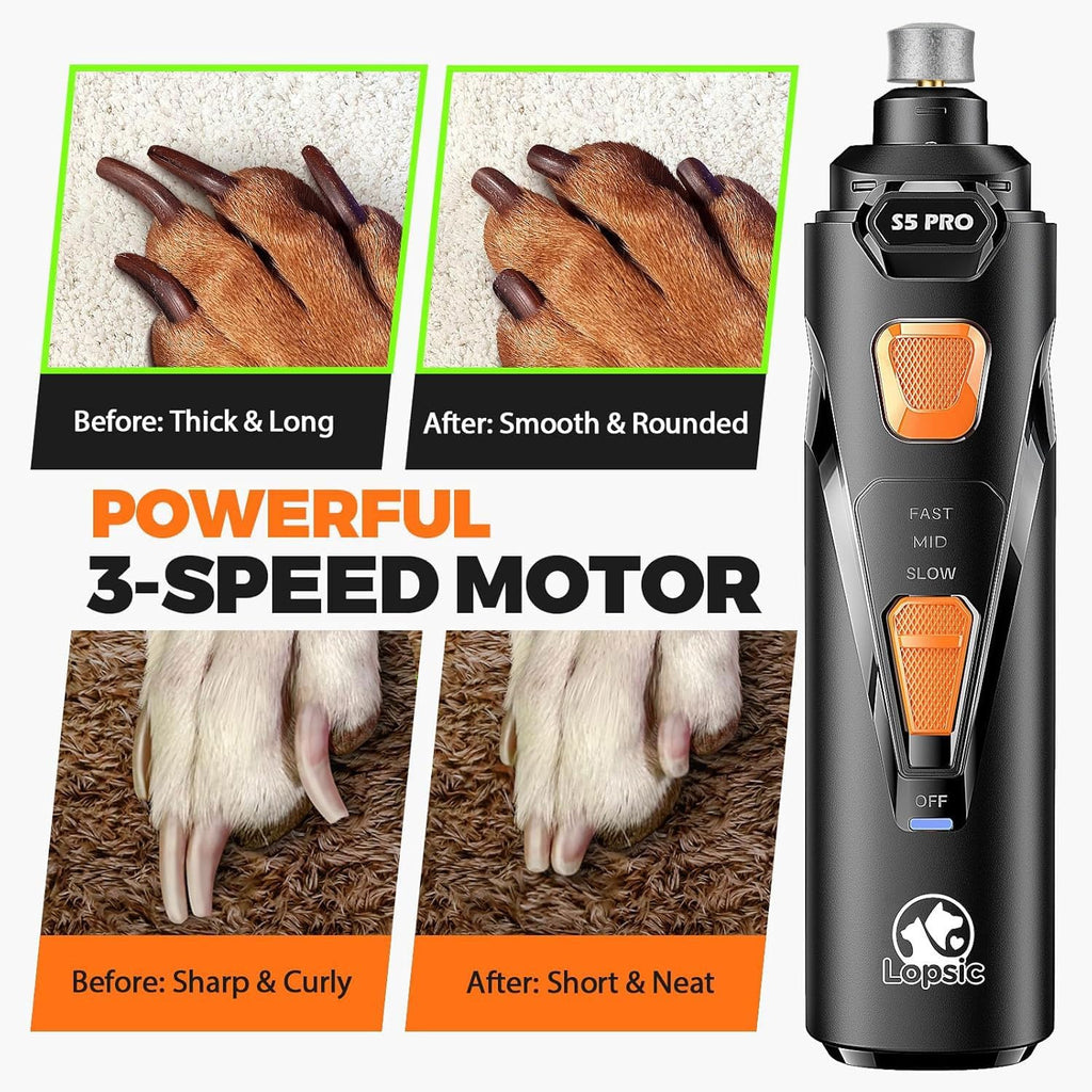 Whisper Quiet Dog Nail Grinder Safe & Stress-Free for Sensitive Dogs Cats | 4 LED Lights,3 Grinding Bits, 3-Speed, Pet Nail Trimmers, Rechargeable Painless Grooming Kit for All Breeds & Sizes
