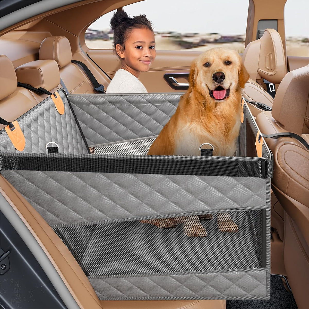 Poupipets Structured Dog Car Hammock with Hard Bottom and Ventilated Mesh Sides