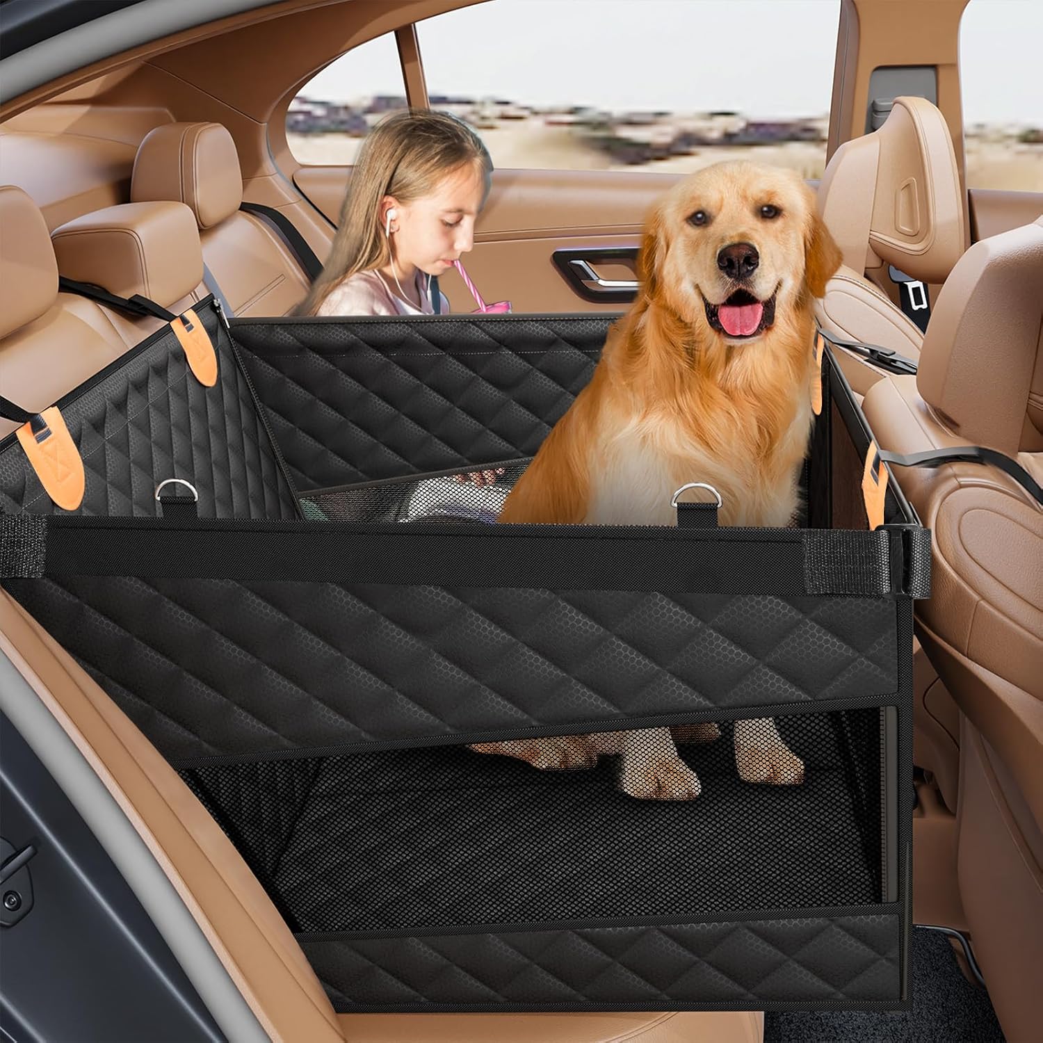 Poupipets Structured Dog Car Hammock with Hard Bottom and Ventilated Mesh Sides