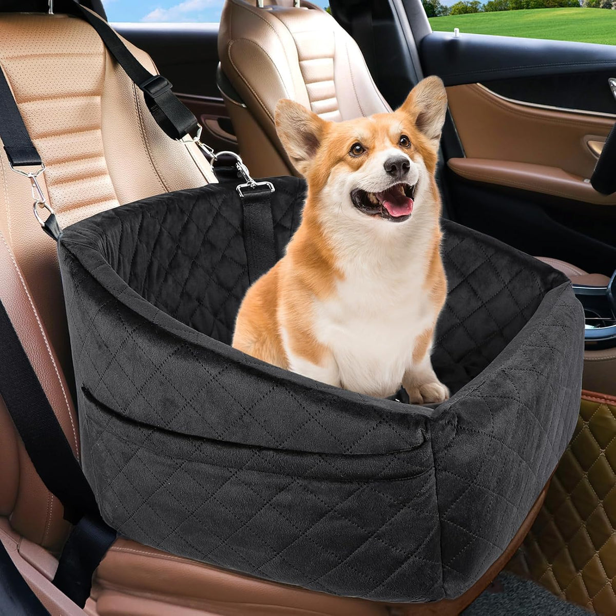 Poupipets Quilted Dog Booster Car Seat with Washable Cover and Safety Tether