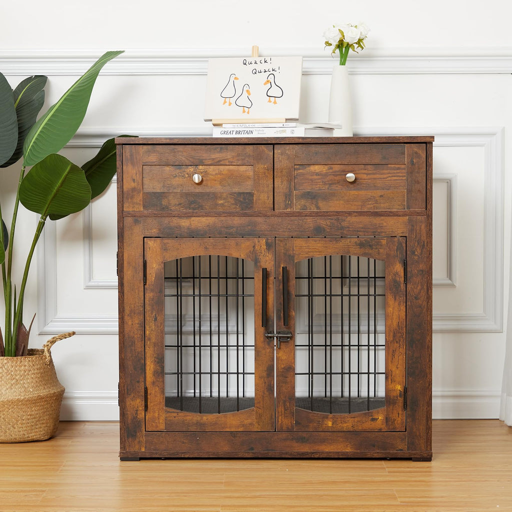 Dailypets Wooden Dog Crate Furniture with Cushion and 2 Storage Drawers