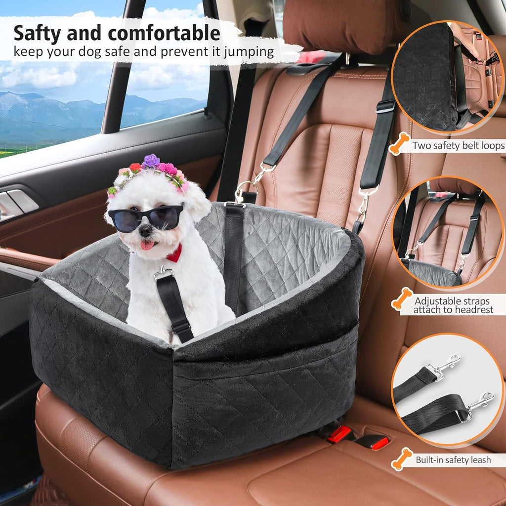 Poupipets Quilted Dog Booster Car Seat with Washable Cover and Safety Tether