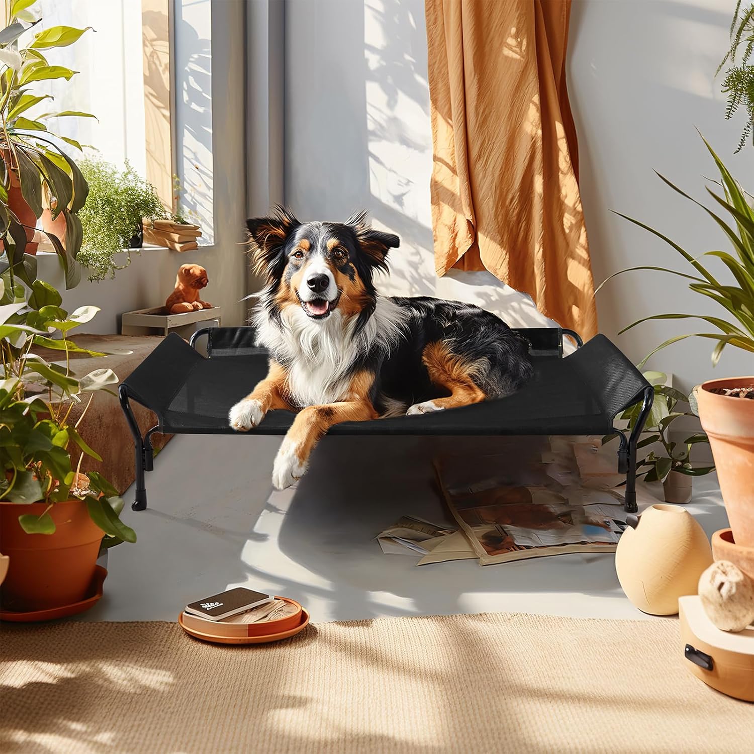 Poupipets Elevated Dog Hammock Bed with Guardrails and Powder-Coated Steel Frame