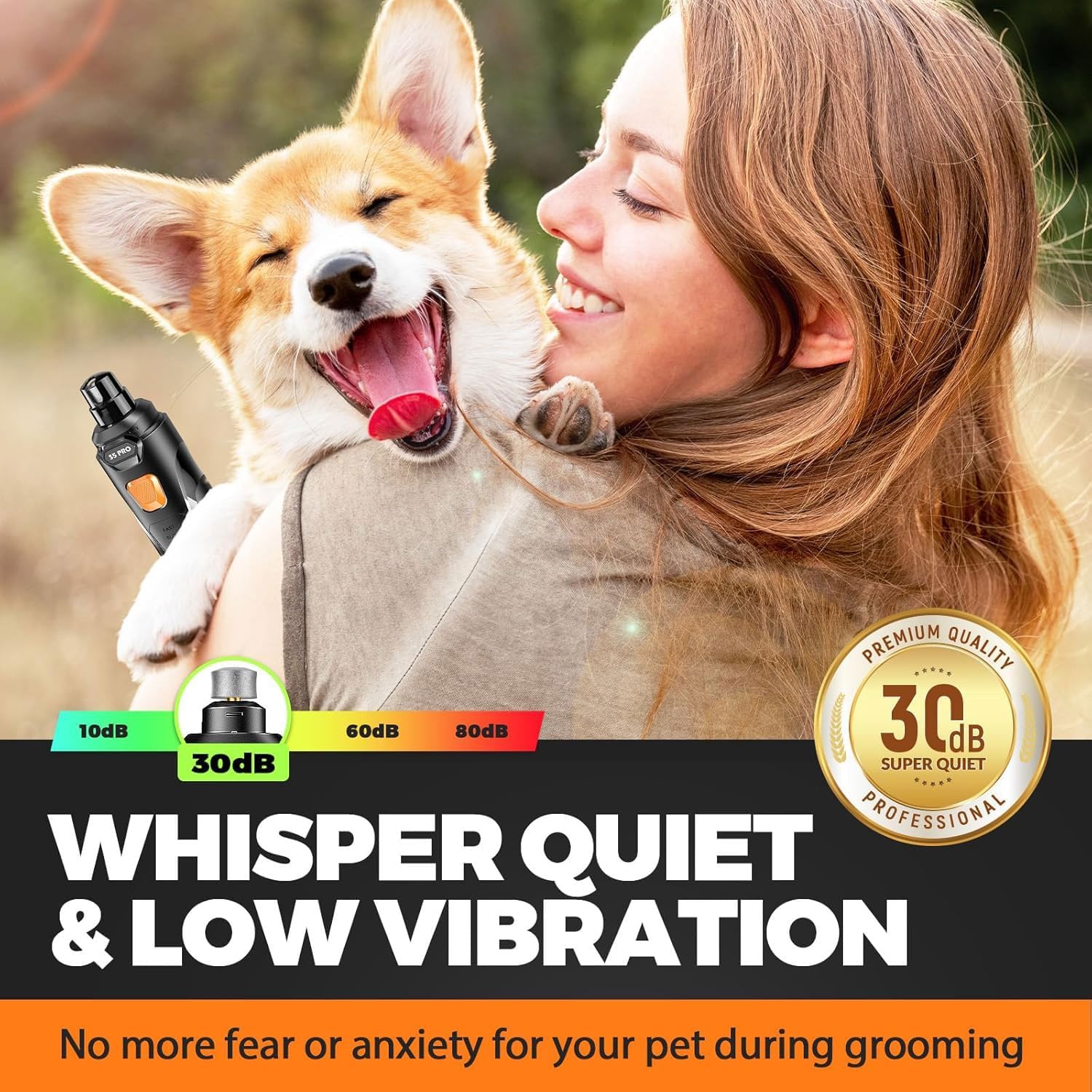 Whisper Quiet Dog Nail Grinder Safe & Stress-Free for Sensitive Dogs Cats | 4 LED Lights,3 Grinding Bits, 3-Speed, Pet Nail Trimmers, Rechargeable Painless Grooming Kit for All Breeds & Sizes