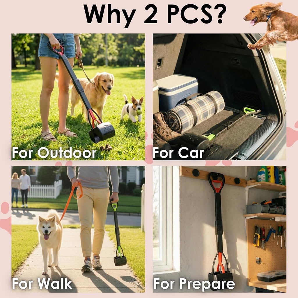 Poupipets Heavy Duty 2-Pack Dog Poo Scooper with XL 33" Handle for All Dogs