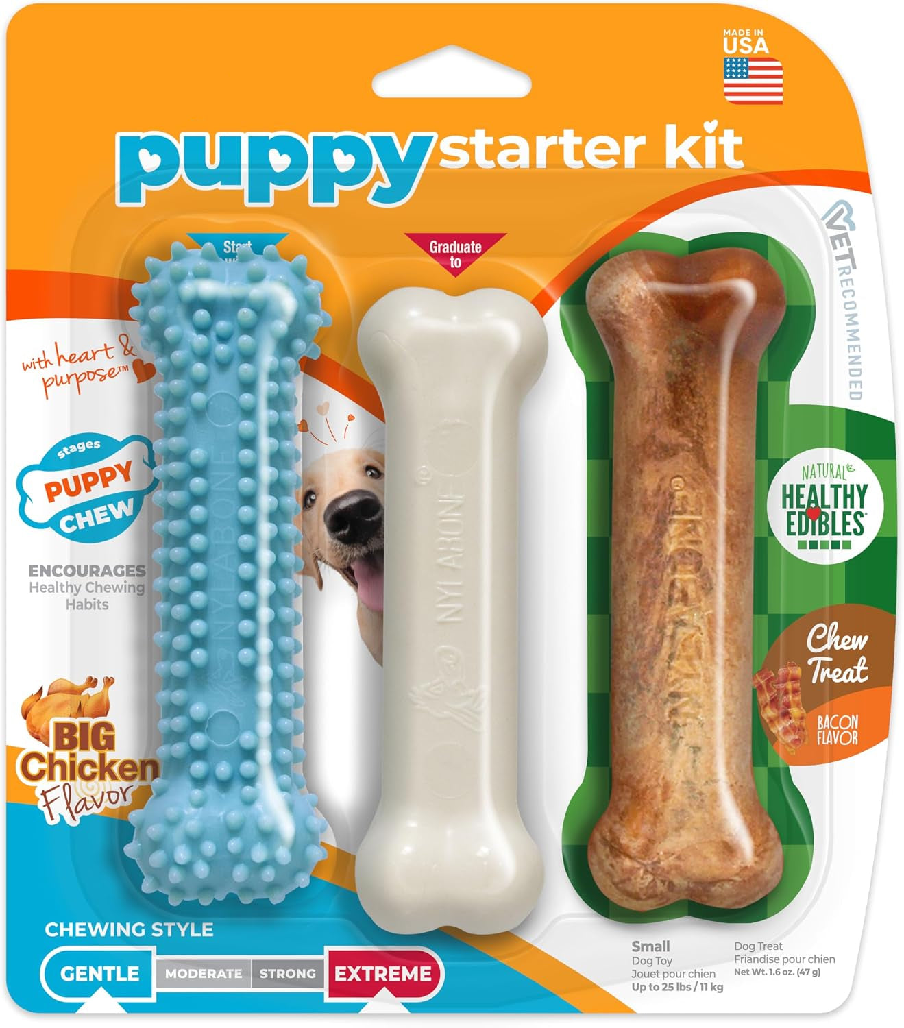 Dailypets Puppy Teething Chew Toy with Gum Massaging Texture and Bacon Flavor